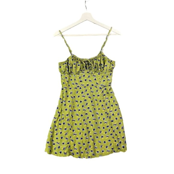 URBAN OUTFITTERS Kamaryn Tie-Front‎ Mini Dress Womens SZ M Green Floral Milkmaid - Picture 1 of 10